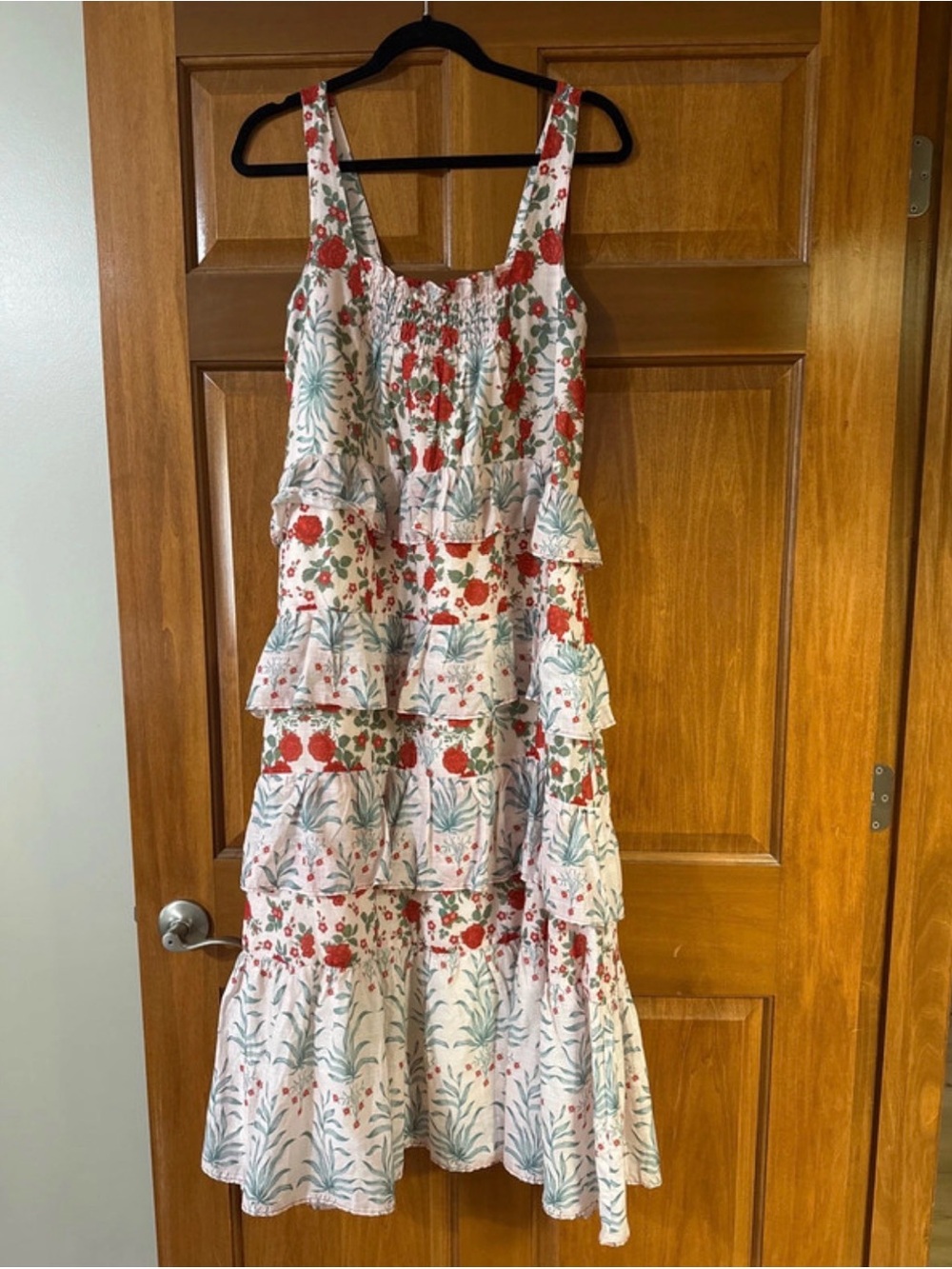 Women’s Sundress with Red Floral Print and Ruffle Tiers